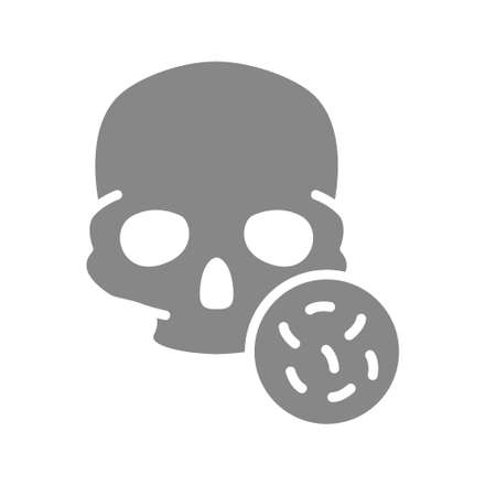 Skull with bacteria grey icon. Bones of the head, cranial bacterial infection, osteomyelitis symbolのイラスト素材