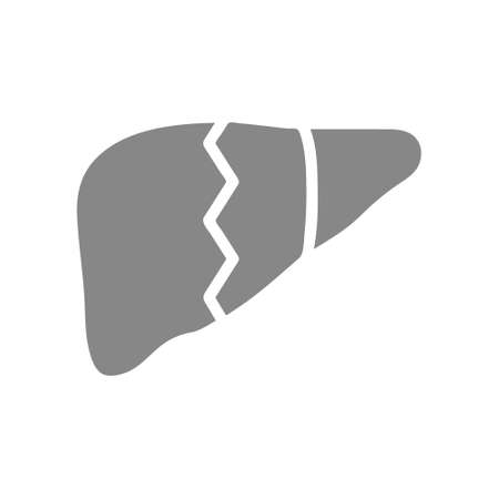 Broken human liver gray icon. Diseased internal organ, acute pain symbolのイラスト素材