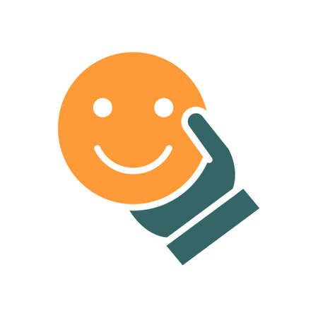 Human holding happy emoji colored icon. Share a good mood, emotions of satisfaction symbolのイラスト素材