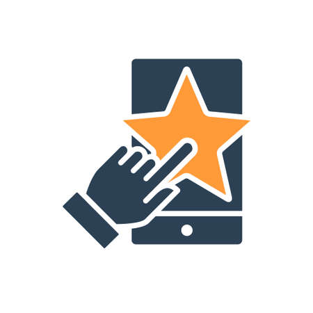 Human chooses a star on phone colored icon. Customer review, add to favorites, rating, quality control symbolのイラスト素材