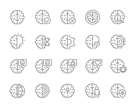 Set of human brain line icon. Healthy internal organ, head organ illness, diagnosis, treatment and more.のイラスト素材