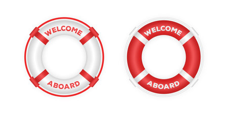 Realistic red and white boat lifebuoy rings. 3d lifebuoys. Rescue life belt illustrationのイラスト素材