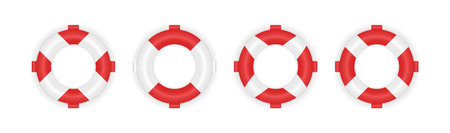 Set of 4 different marine lifeboat. Realistic 3d lifebuoys. Rescue life belt illustrationのイラスト素材