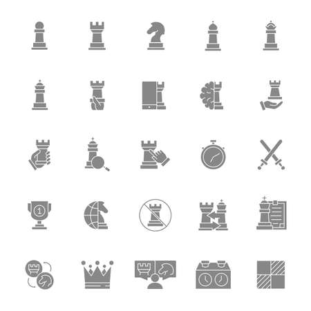 Set of chess gray icon. Board game, king, queen, bishop, pawn, rook, knight and more.のイラスト素材