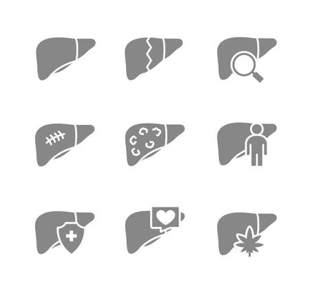 Set of human liver gray icon. Healthy internal organ, accessory digestive organ illness, diagnosis, treatment symbolのイラスト素材