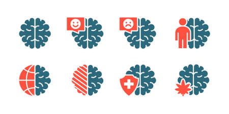 Set of human brain colored icon. Healthy internal organ, head organ illness, diagnosis, treatment symbolのイラスト素材