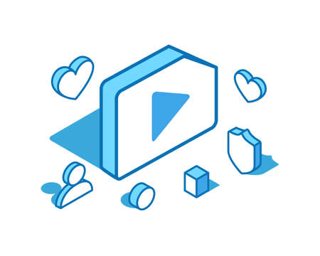 Play button blue line isometric illustration. Record, connect 3D banner template.のイラスト素材