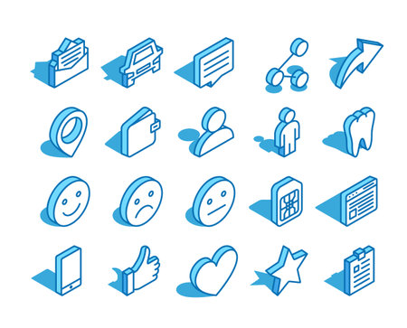 Set of web isometric icon. Thumb up, wallet, user, tooth, sim card and more. 3D line style symbol.のイラスト素材