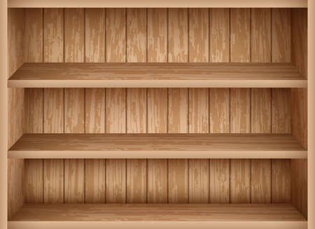 Realistic bookshelf mockup template. Vintage wooden shelves for library and school interior design. Empty bookshelf made of wooden boards.のイラスト素材
