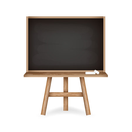 Rubbed out chalkboard with clean black space. Realistic black chalkboard with wooden frame holder and pieces of chalk. Education supplies design concept.のイラスト素材