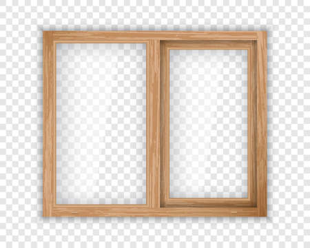 Realistic window with wood texture frame. Double casement wooden window mockup template. Windowpane frame and transparent pane for outdoor interior design.のイラスト素材