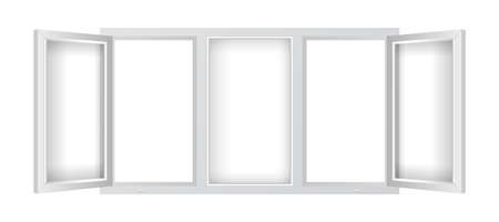 Realistic plastic window mockup template. Triple plastic window with open casements. Windowpane...