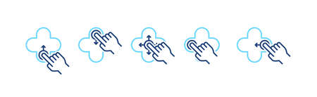 Set of hand gesture with different swipe sides. Device screen with hand icons. Simple UI control web elements.のイラスト素材