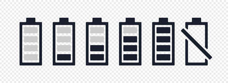 Set of battery black symbol. Charge indicator, power Bank, recharging, full and low battery, accumulator and more.のイラスト素材