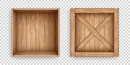 Open and closed containers of old planks. Realistic wooden crates for storage, transportation and delivery design. Cargo boxes mockup template.のイラスト素材