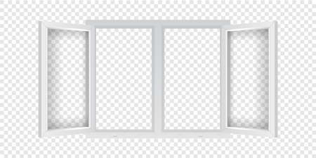 Double PVC window mockup template. Realistic plastic window with open casements. Windowpane frame with transparent glass for outdoor interior design.のイラスト素材