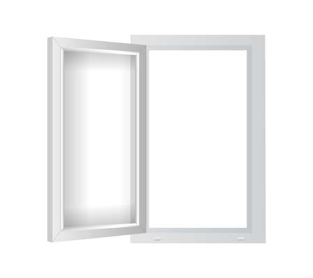 White plastic window with open casement. PVC single window mockup template. Realistic windowpane frame with transparent pane for outdoor interior design.のイラスト素材