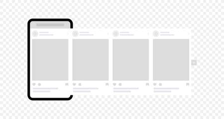 Smartphone with interface carousel post. Social network ads mockup template. Carousel posts with ads banners. Web app page interface designのイラスト素材