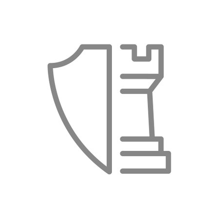 Protective shield with rook, chess pieces line icon. Security game, player defense, defense strategyのイラスト素材