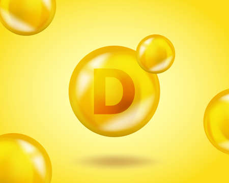 3D Vitamin drop D pill capsule. Realistic D Vitamin complex design illustration. Yellow drug nutrition design.のイラスト素材