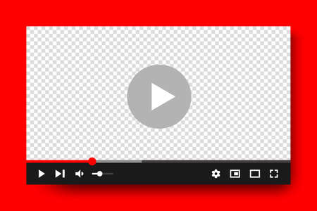 Video full frame element mockup template. Multimedia player interface to blog channel webpage. Web video player interface design template.のイラスト素材