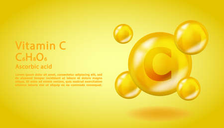 3D Vitamin molecule C Ascorbic acid design. Realistic C Ascorbic acid Vitamin drop. Yellow nutrition complex illustration.のイラスト素材
