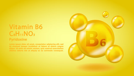 3D Vitamin molecule B6 Pyridoxine design. Realistic B6 Pyridoxine Vitamin drop. Yellow nutrition complex illustration.のイラスト素材