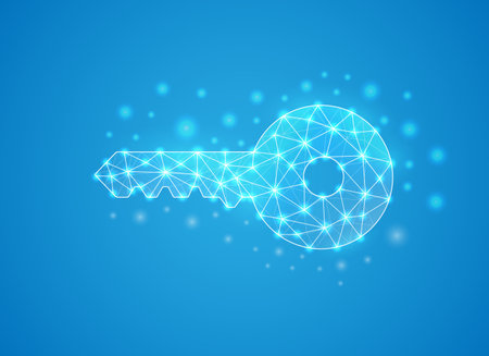 Key low poly symbol with white connected dots. 3d geometric polygonal Key. Security, secret, private design vector illustration.のイラスト素材