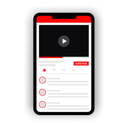 Smartphone with video player app design. Mobile video player with popular app interface elements. Social media interface design template.のイラスト素材