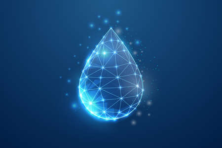 Water drop 3d symbol in blue low poly style. Droplet, raindrop design concept vector illustration. Oil drop polygonal wireframe.のイラスト素材