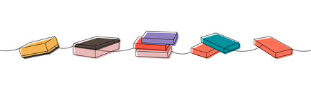 Sponges, washcloths one line colored continuous drawing. Cleaning service tools continuous one line...