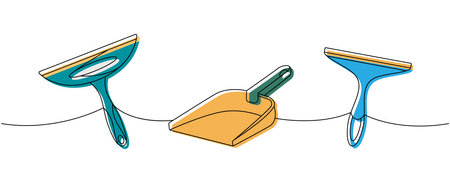Set of cleaning tools one line colored continuous drawing. Squeegee cleaning glass, scoop continuous one line illustration. Vector linear illustrationのイラスト素材