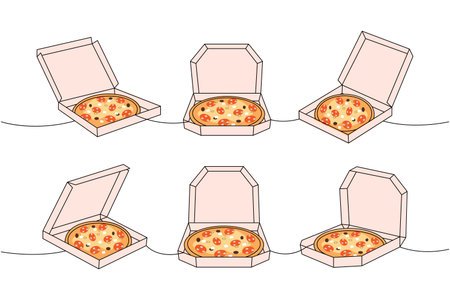 Set of pizza in boxes one line colored continuous drawing. Traditional italian fast food continuous one line illustration. Vector linear illustration.のイラスト素材