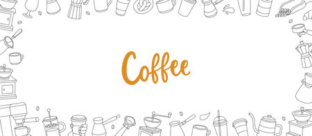 Coffee shop horizontal outline banner. Elements for cafe menu, coffee shop. Beans, cups, pot, package, grinder, filter, machine, portafilter, kettle.のイラスト素材