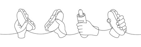 Set of hand hold hotdog one line continuous drawing. American street fast food. Vector linear illustration.のイラスト素材