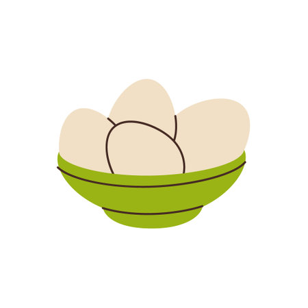 Raw eggs in bowl. Organic farm chicken eggs. Vector illustration.のイラスト素材
