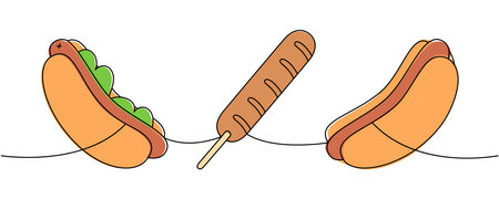 Hot dog set one line colored continuous drawing. Hotdog, hot dog, corn dog continuous one line illustration. Vector linear illustration.のイラスト素材
