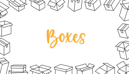 Storage boxes horizontal outline banner. Package cardboard boxes. Present gift boxes. Vector illustration.のイラスト素材