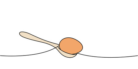 Egg on a spoon one line colored continuous drawing. Organic farm product. Vector illustrationのイラスト素材