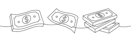 Dollar money bills one line continuous drawing. Money investment and finance. Vector illustration.のイラスト素材