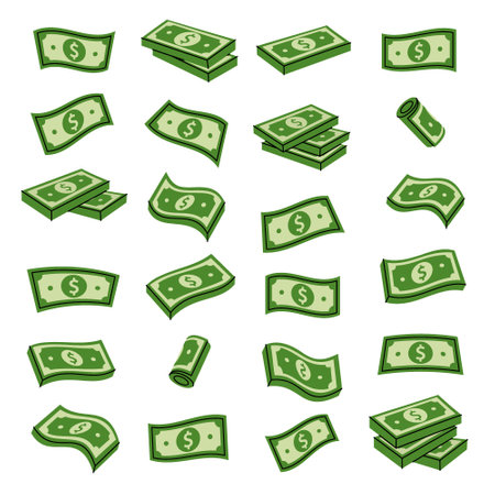 Set of green dollar bills. Finance, investment, business concept. Vector illustration.のイラスト素材