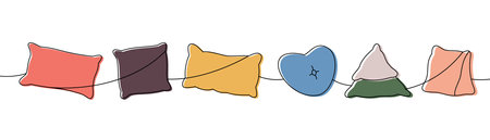 Set of plump pillows one line colored continuous drawing. Warm cozy pillows. Vector illustration.のイラスト素材