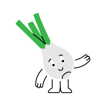 Funny onion character is smiling and hand waving. Fresh organic vegetables. Healthy eating. Vector illustration.のイラスト素材