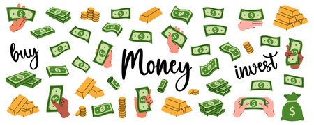 Dollar banknotes set. Flying cash, green banknotes, stack of money, dollar bills, gold coins and bars. Money investment and business concept.のイラスト素材
