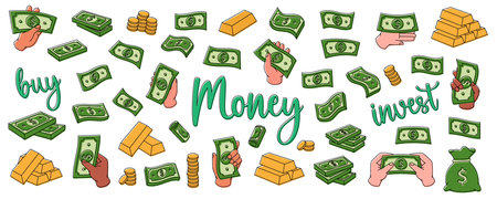 Dollar money set. Flying cash, green banknotes, stack of money, dollar bills, gold coins and bars. Cash paper currency. Vector illustration.のイラスト素材