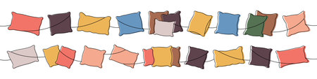 Fluffy pillows one line colored continuous drawing. Warm cozy pillows. Vector illustration.のイラスト素材