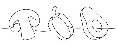 Fresh mushroom, bell pepper, avocado one line continuous drawing. Fresh organic vegetables. Vector illustrationのイラスト素材
