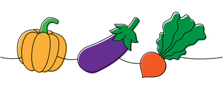 Fresh pumpkin, eggplant, turnip one line colored continuous drawing. Fresh organic vegetables. Vector illustrationのイラスト素材