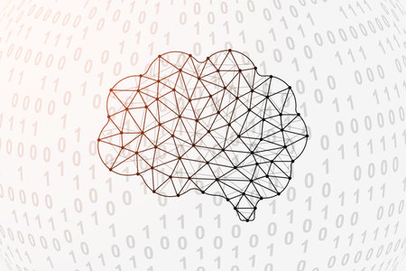 Human brain low poly symbol with binary code background. Mind design vector illustration. Organ polygonal symbol with connected dotsのイラスト素材