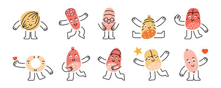 Sausages cartoon characters. Sausages funny mascot with happy smile face, hands and feet. Various doodle sausages sticker pack design.のイラスト素材